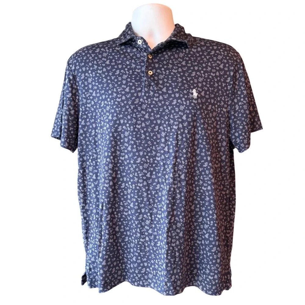 Polo Ralph Lauren Custom Slim Fit Floral Print Polo Shirt Navy Blue Size Large